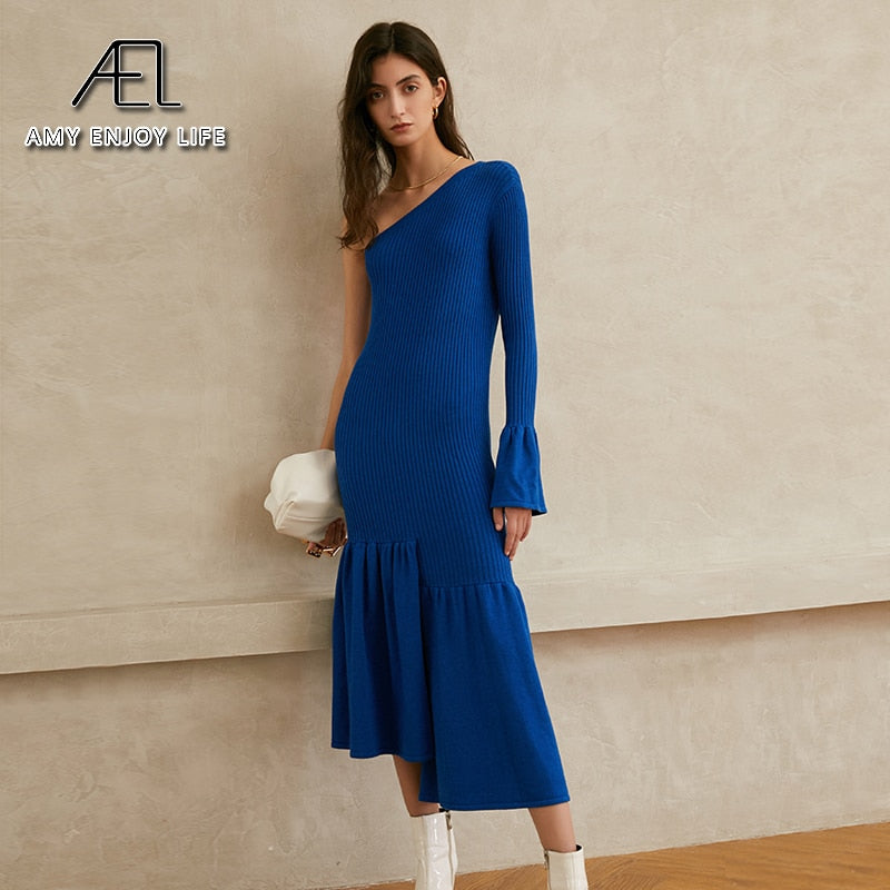 AEL Wool Knitted Party Dress Women Spring Elegant Sexy One Shoulder Fishtail Long Dress Elastic Slim Blue