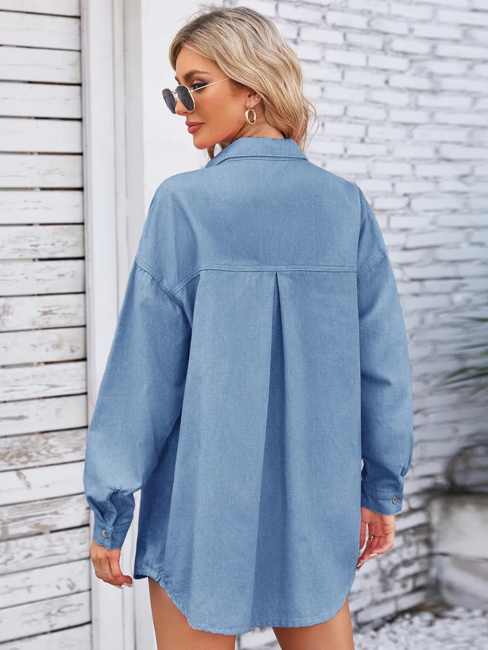 Washed loose long sleeved denim shirt top