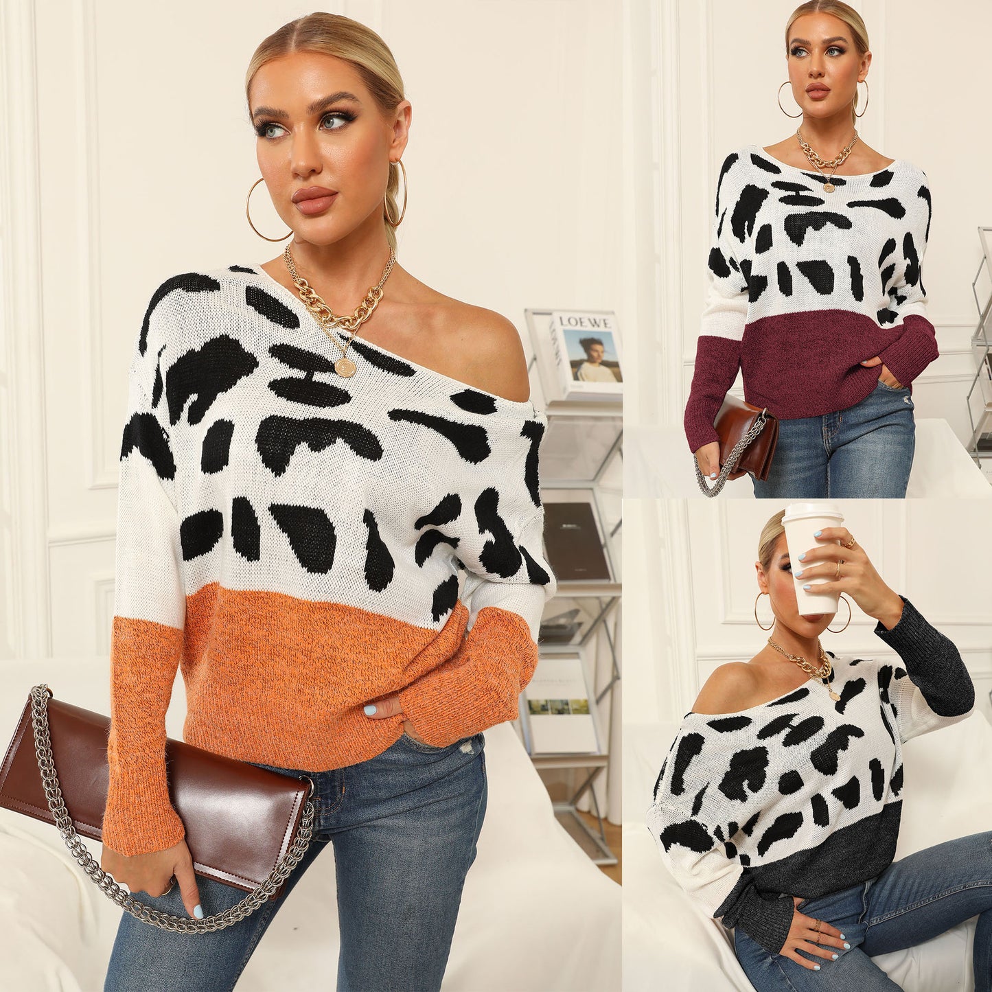 Lady Knit Sweater Long Sleeve Print Off-Shoulder Loose Fit Casual Pullover Top
