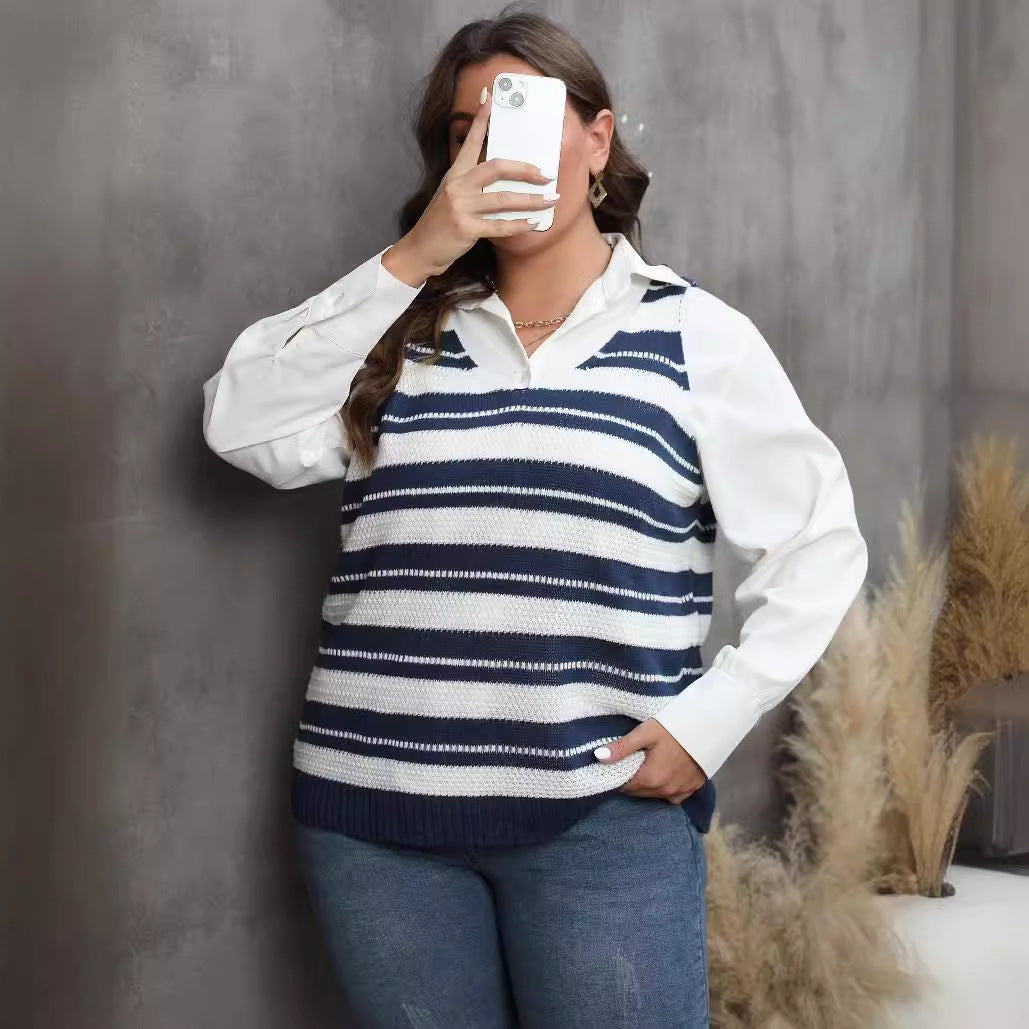 Large size women's striped contrasting splicing casual vest top with woolen vest