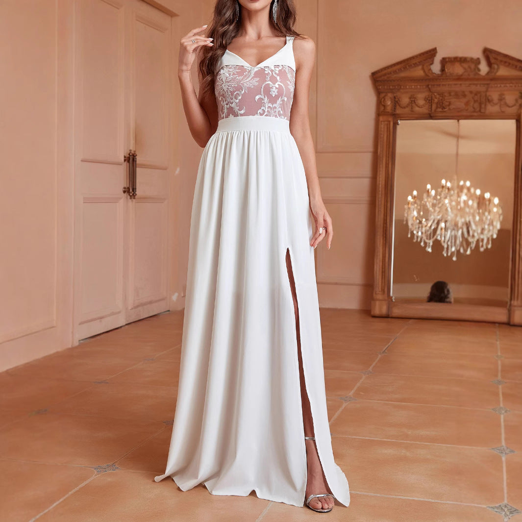 Solid color backless long dress, lace white sexy slit evening gown