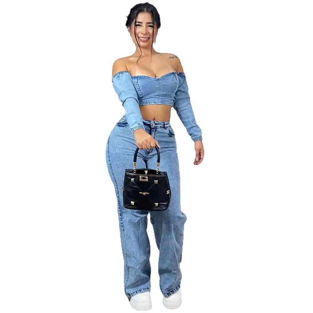 Women's Denim Top Fashion Sexy Crop Long Sleeve One Shoulder Top