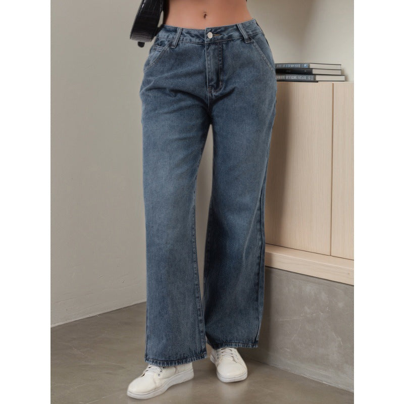 Women's denim pants, American trend, dark blue, non elastic, casual, versatile, slimming straight leg pants