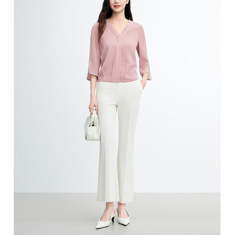 Elegant and Refined Formal Shirt with Color-Blocking Design, Long Sleeve Blouse