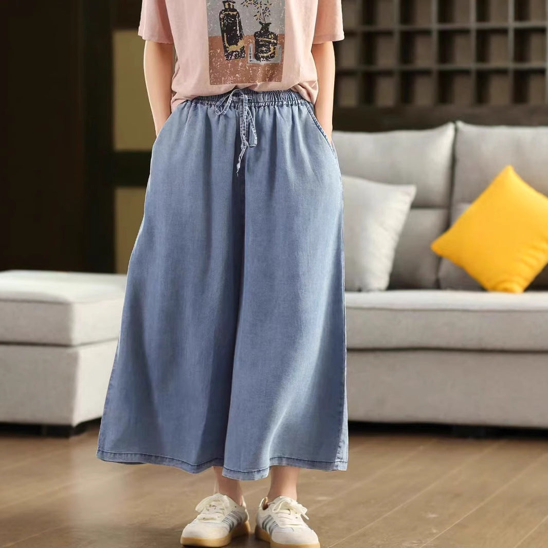 Retro Lyocell Tencel Denim Wide Leg Pants Women Summer Thin Wide Leg Literary Pants Slim Skirt Pants