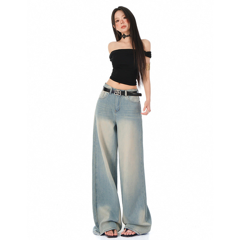Tencel Wide-Leg Jeans Women Retro Vintage Popular Loose Straight Floor-Length Denim Pants