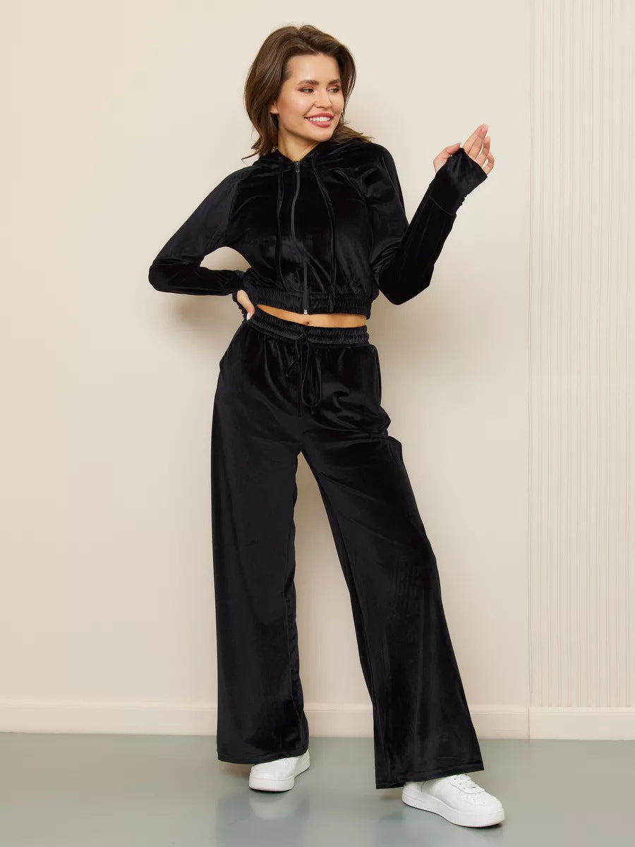 Women's Solid Color Zip-up Hoodie and Drawstring Pants Two-Piece Set