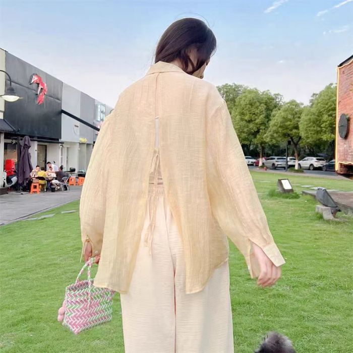 Casual Women's Lightweight Summer Blouse with Back Tie Detail, Sheer Sun Protection Shirt, Loose Bohemian Style