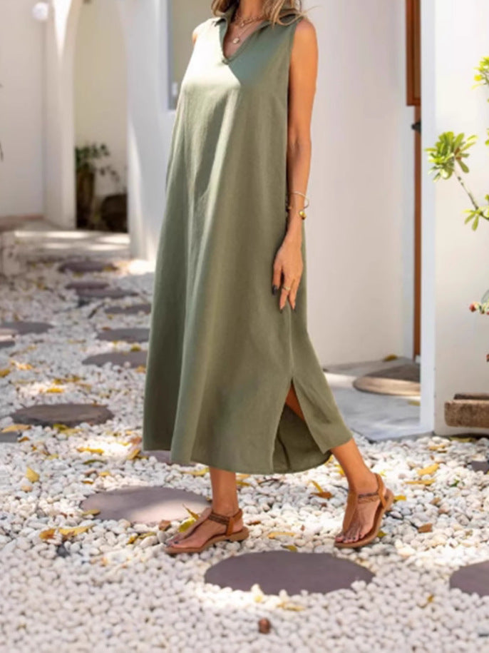 Solid Color Sleeveless V-Neck Loose Fit Dress
