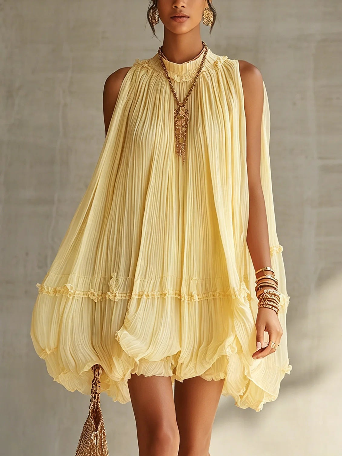 Sleeveless Pleated Mini Dress for Women, Loose A-Line Skirt with Ruffled Hem, Gathered Pleats, Casual Vacation Style, Flared Silhouette, Sweet Baby Doll Dress