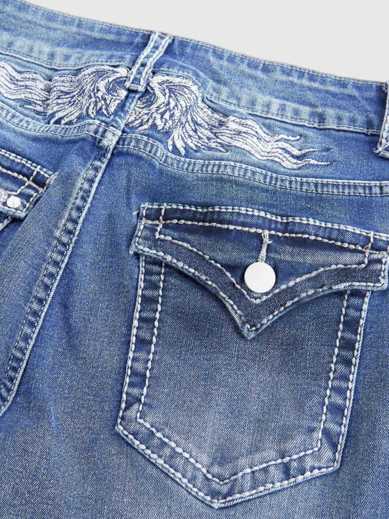 Blue Denim Long Pants with Embroidery Design