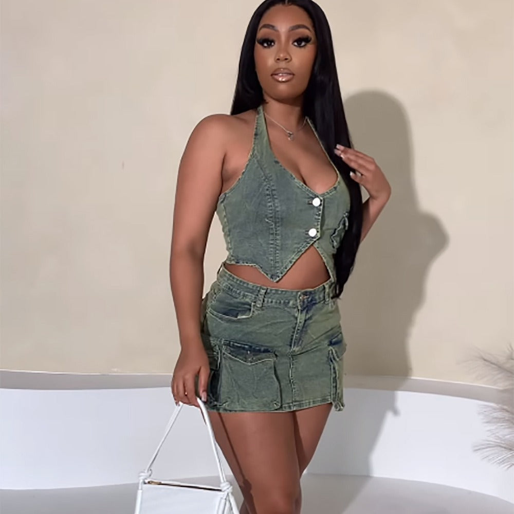Women's Denim Outfit Set Fashion Vest Top with Multiple Pockets Bodycon Skirt