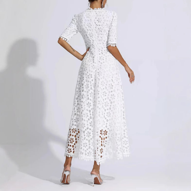 Elegant Deep V-Neck Mid-Sleeve Medium-Length Lace Evening Dress for Women ndash