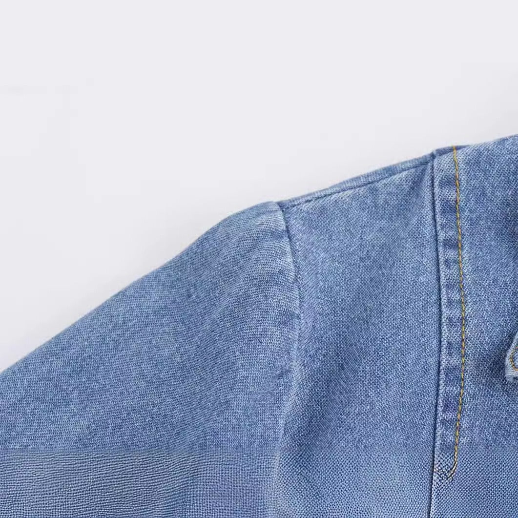 European and American summer new style fashionable lapel long sleeved lace up vintage denim shirt for women