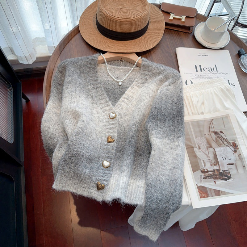 Tie dye gradient sweater jacket for women V-neck mohair knit cardigan for women