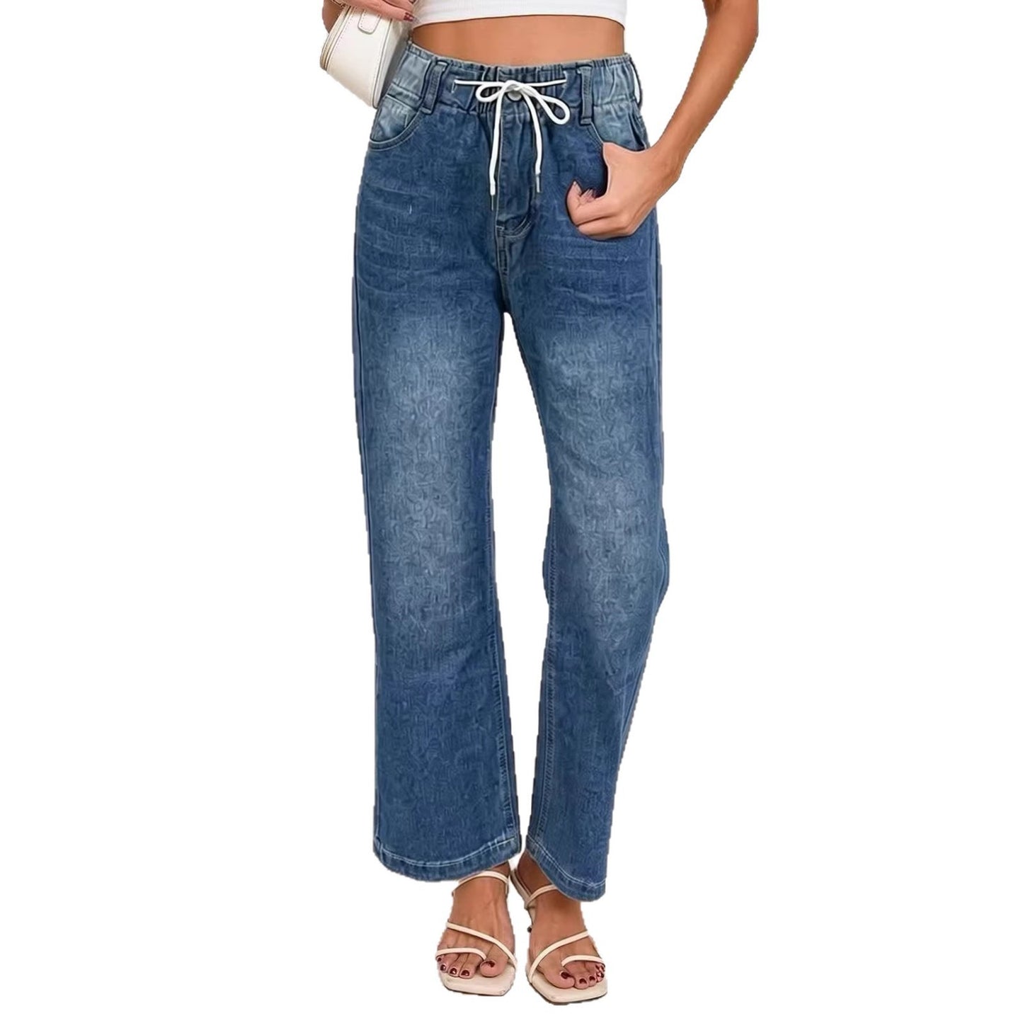 Fashionable and personalized slim drawstring wide leg straight leg women's jeans