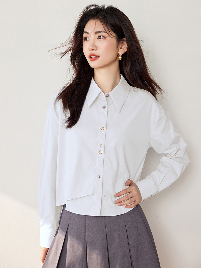 Elegant False Two-Piece Loose Long Sleeve Shirt for Women Fashionable Versatile Turn-Down Collar Solid Color Top