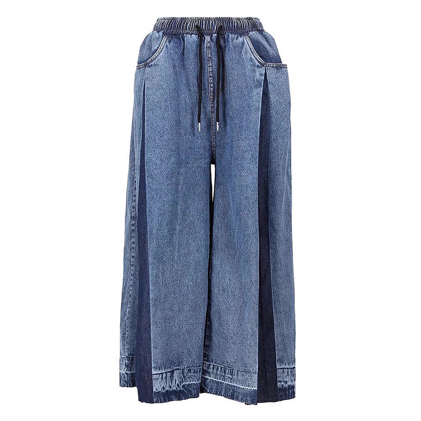 Street Style Elastic Drawstring Pleated Color-Blocked Wide Leg Cropped Jeans