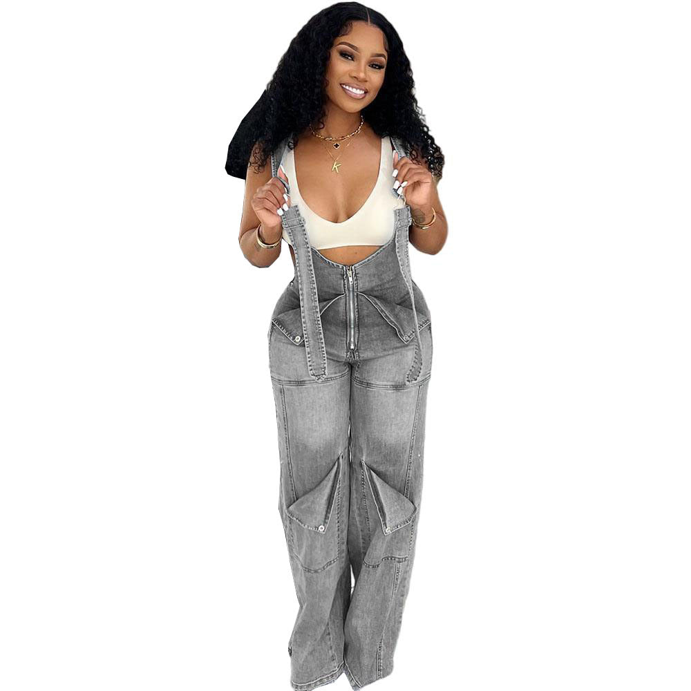 Women's Western Style Denim Overalls Summer Street Casual Zipper Washed Full-Length Jumpsuit
