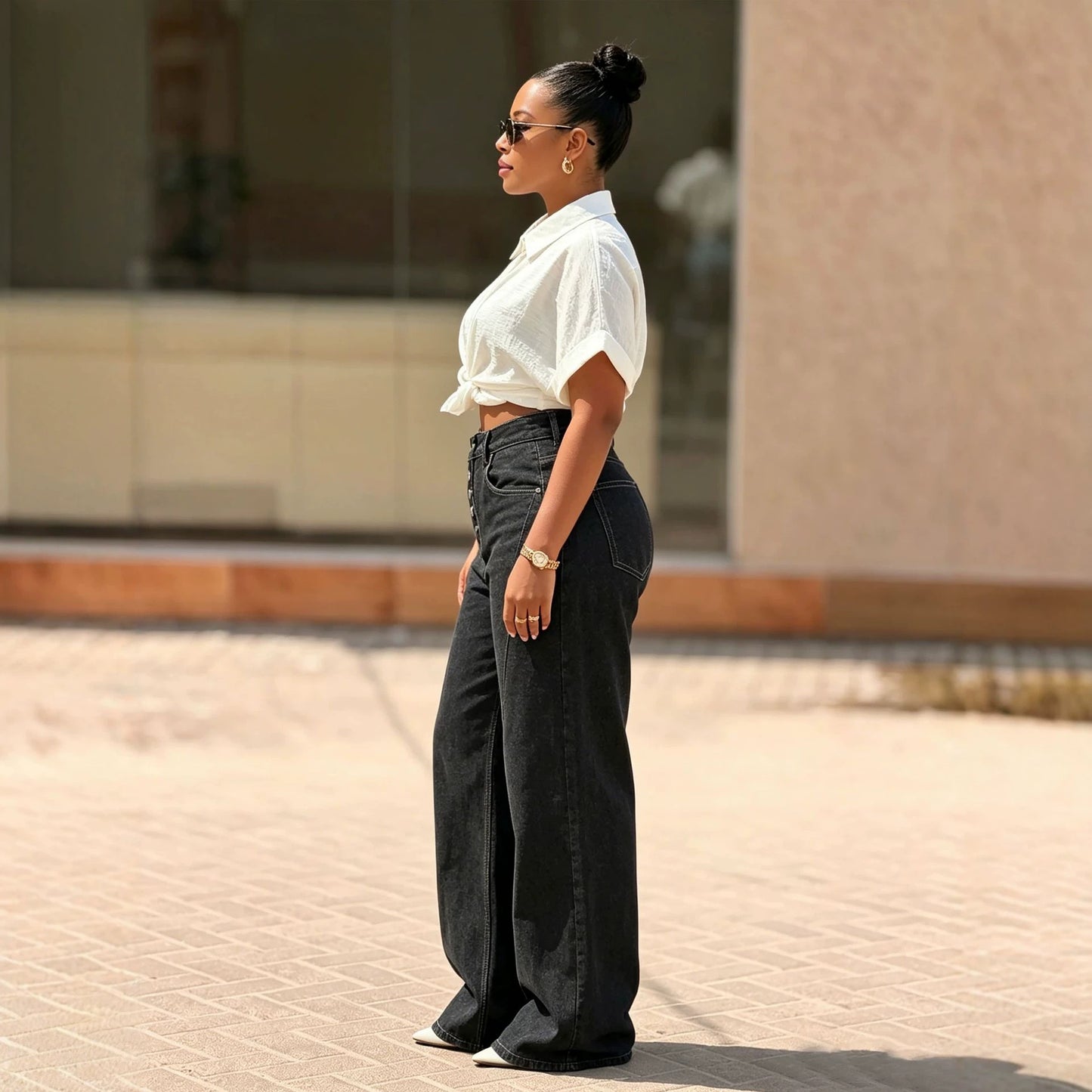 NewTopstitching Multi-button Fly Front Denim Pants