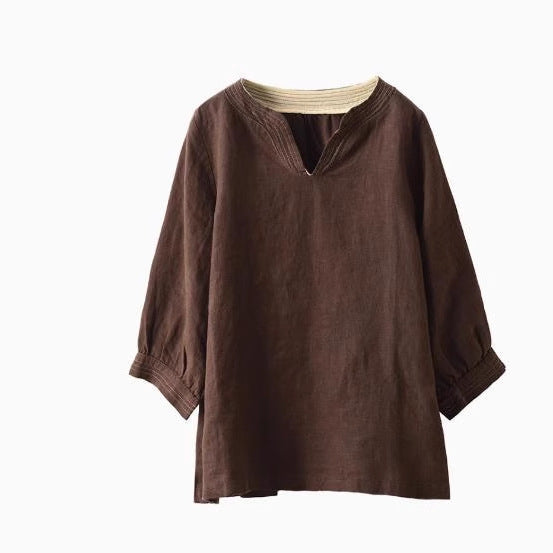Thick Hemp Shirt Women's Handmade Embroidered Blouse Elegant Three-Quarter Sleeve Pullover Top Summer