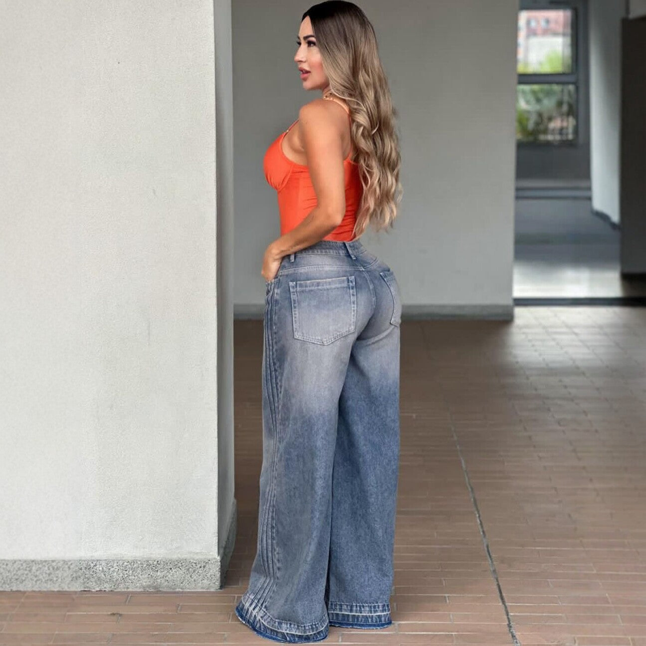 Women's High-Waisted Wide-Leg Jeans with Side Stripes Straight Leg Long Pants Summer New Style