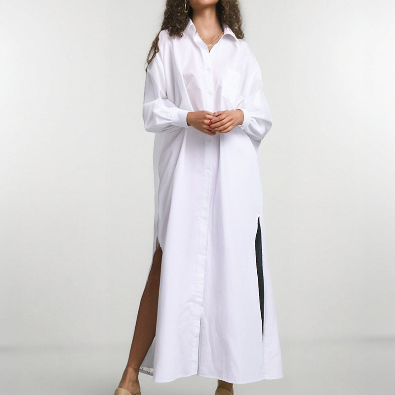 Flip collar side slit design simple long sleeved shirt for women