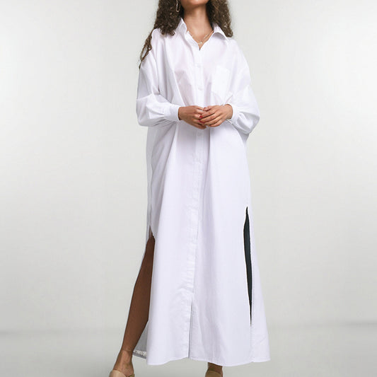 Flip collar side slit design simple long sleeved shirt for women