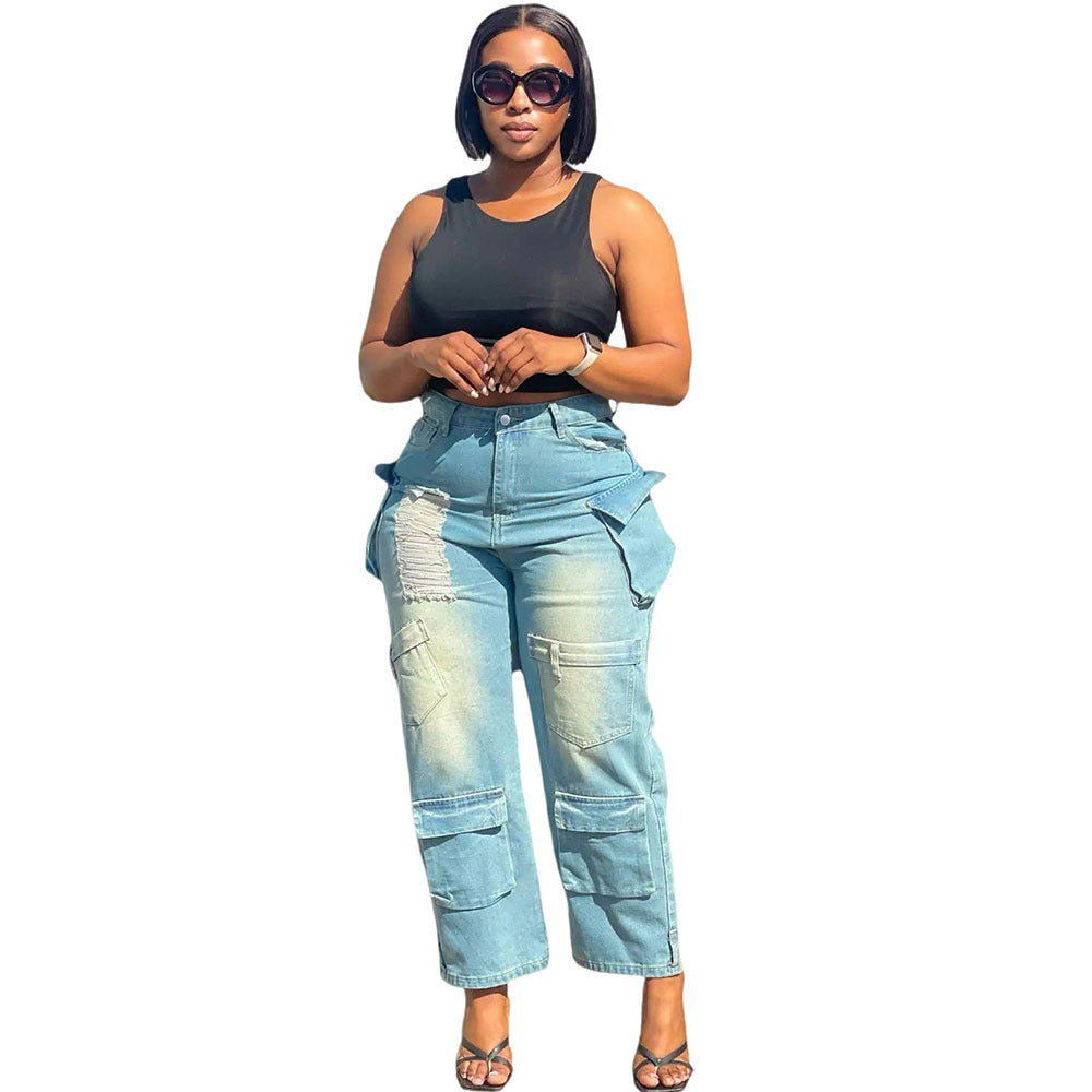 Women's Denim Wide-Leg Pants Fashion Trendy Multi-Pocket Blow-Out Denim Cargo Pants