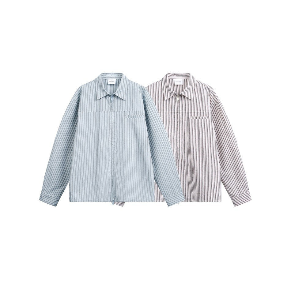 Zipper Front Trendy Shirt Unisex Casual Long Sleeve Striped Shirt