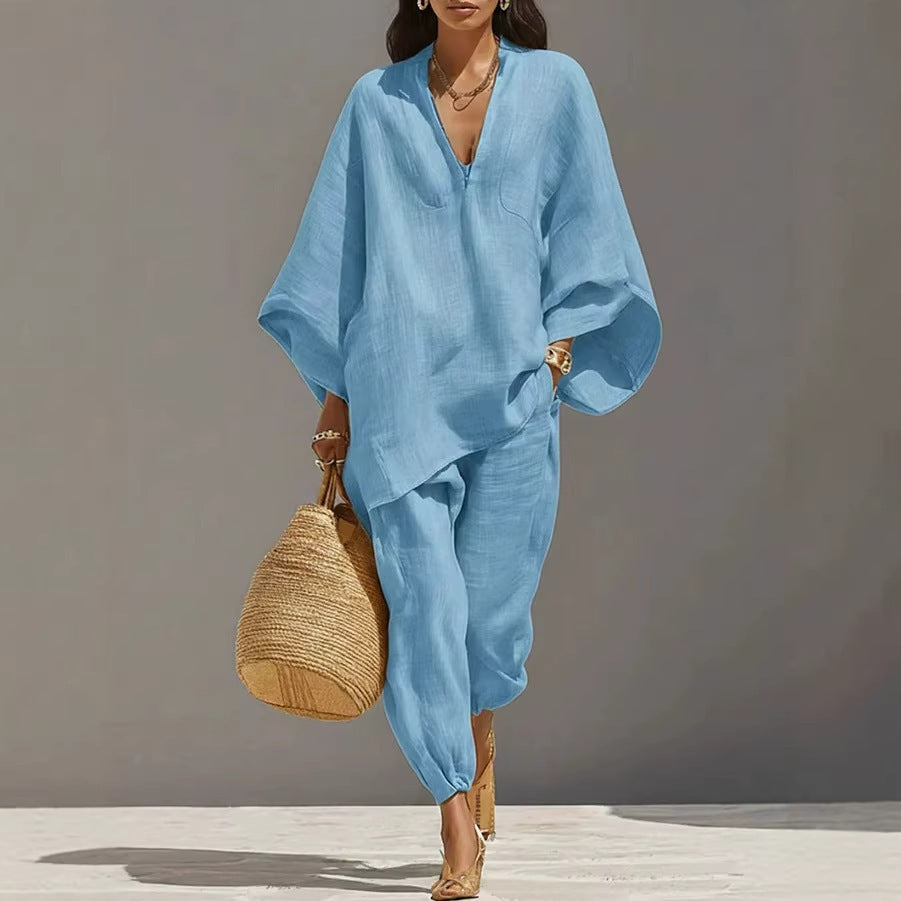 Spring Casual Loose Solid Color Shirt Women's Set