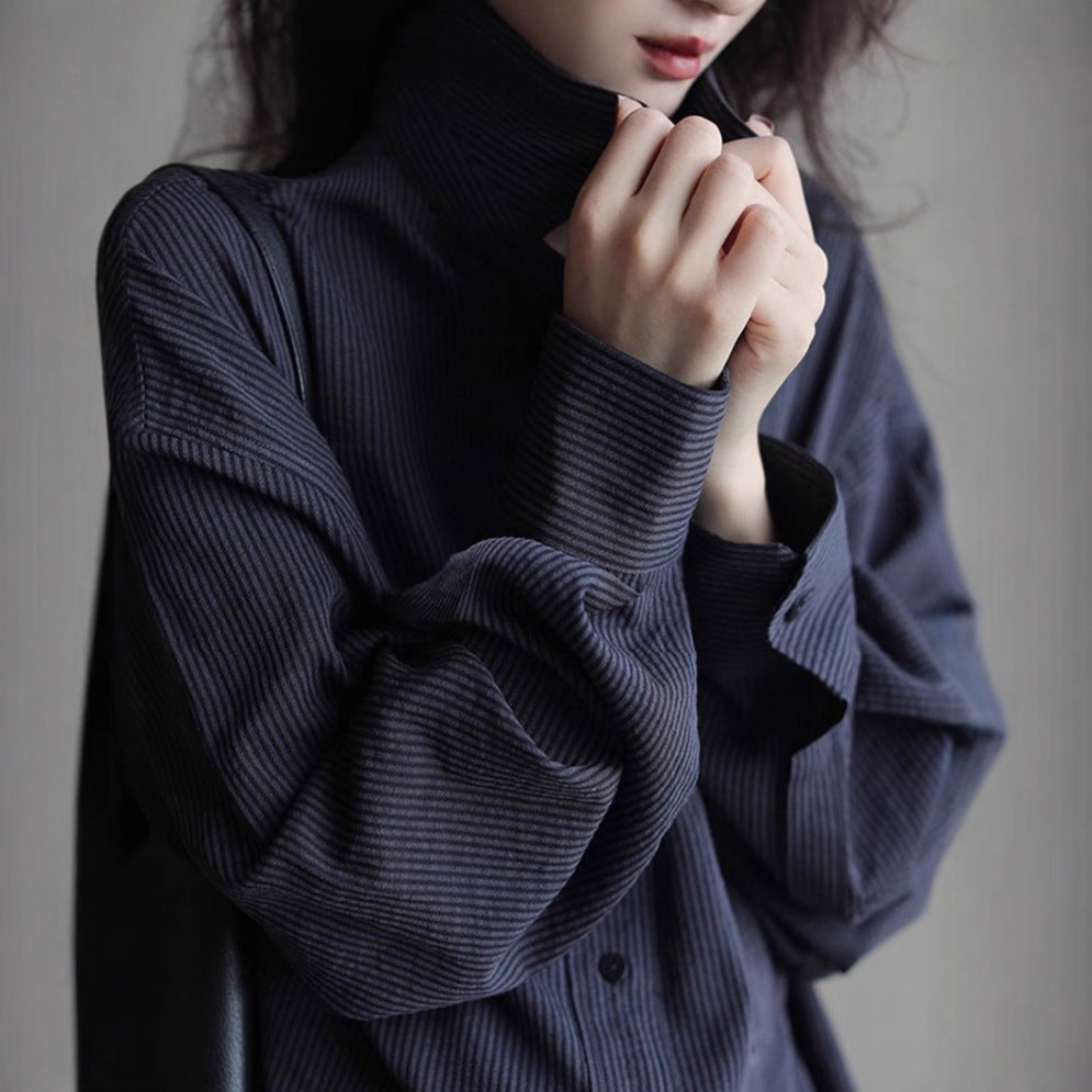 Elegant Black Striped Shirt for Women, Autumn New Arrival, High-End Design, Loose Layering Long Sleeve Blouse