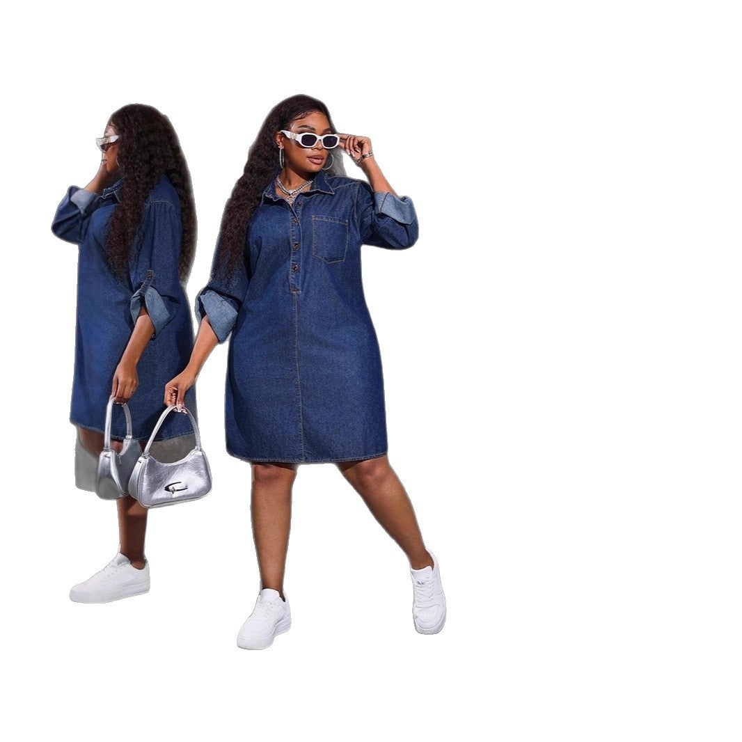 Style Denim Long Sleeve Loose Fit Retro Dress
