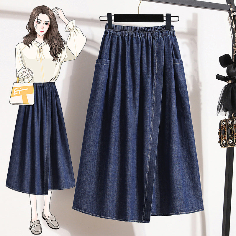 Artistic plus size high waisted denim skirt for women, loose and slimming Korean version, split back mid length design