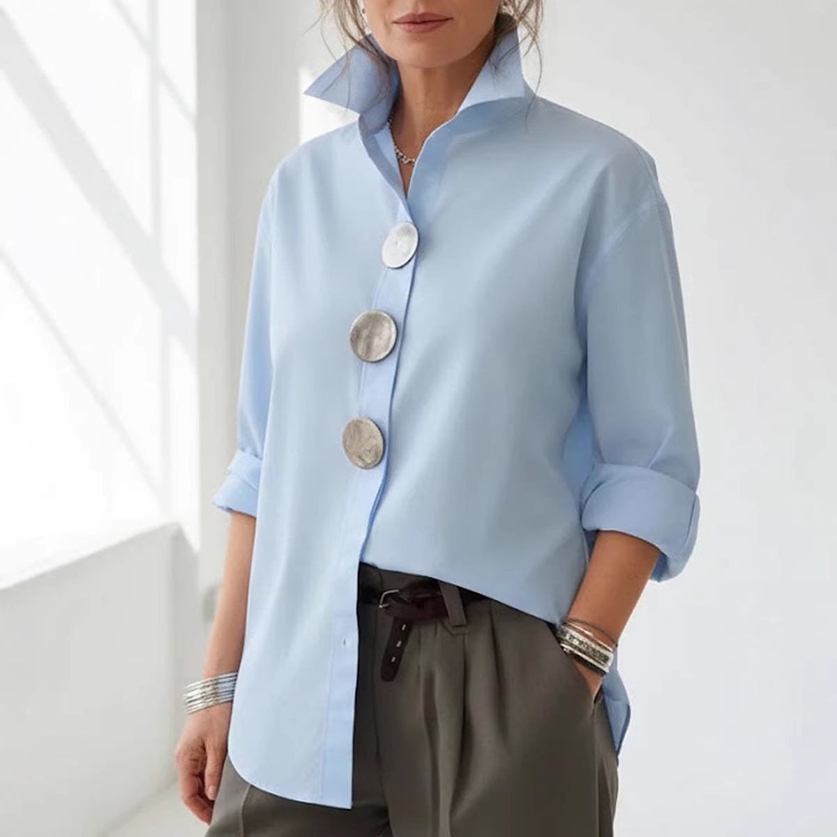 Solid Color Long Sleeve Stand-up Collar Shirt