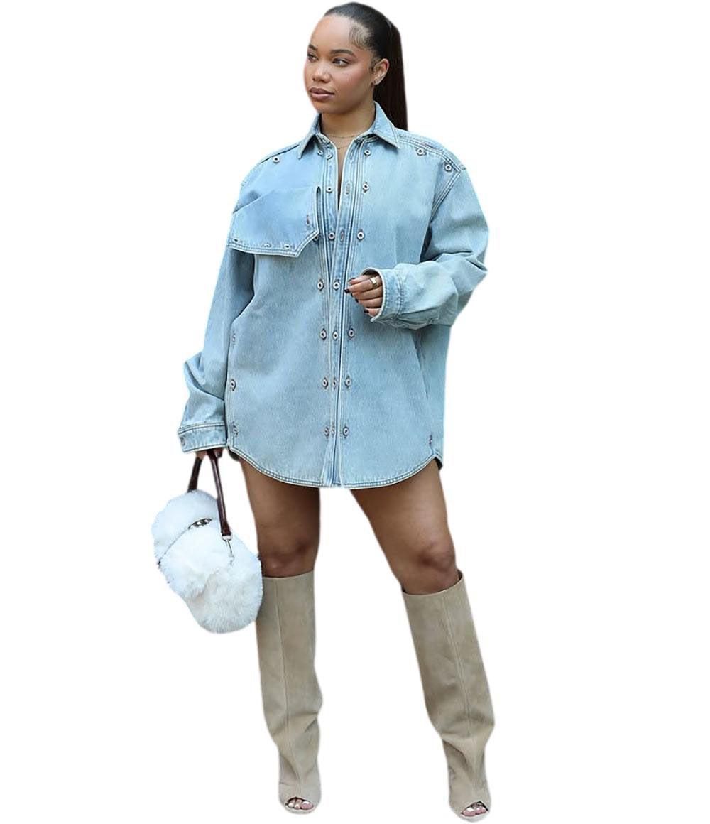 Western Women's Denim Jacket with Patch Design, Loose Fit Long Sleeve Outerwear