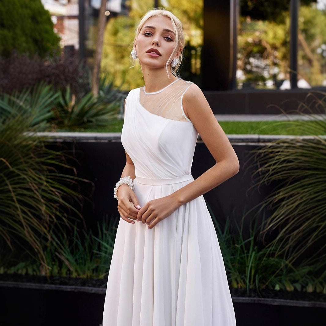 Tailed Wedding Dress White Double Shoulder Round Neck French Chiffon Bridal Short Train Evening Gown