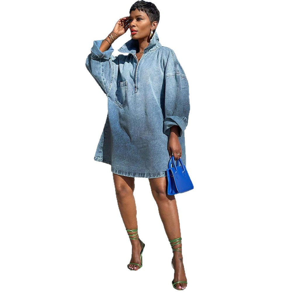Chic Women's Loose Fit Dress with Turn-Down Collar, Gradient Color, Long Sleeve Denim Dress