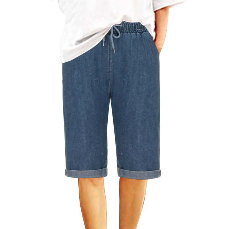 Straight elastic waistband drawstring five quarter pants denim shorts
