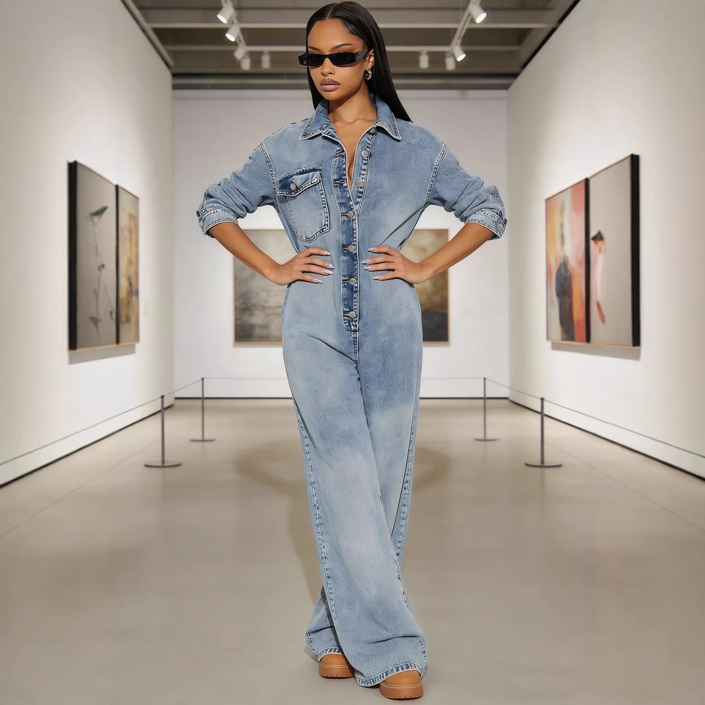 Women's Denim Jumpsuit with Button Front Long Sleeve Bodysuit