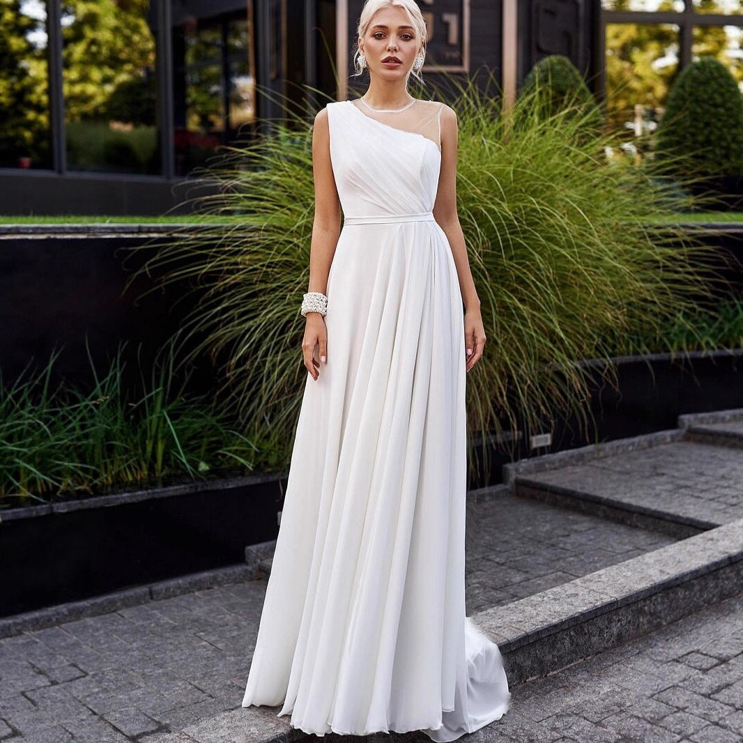 Tailed Wedding Dress White Double Shoulder Round Neck French Chiffon Bridal Short Train Evening Gown