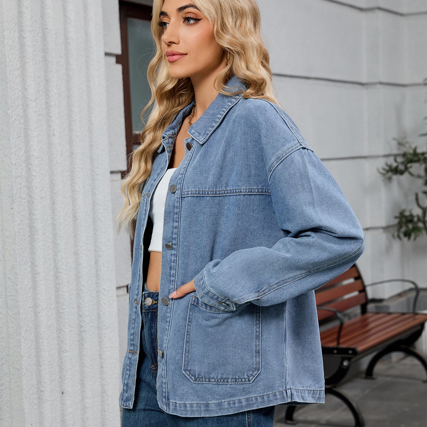 Women's  Loose Casual Long-sleeved Jacket Early Autumn New Turn-down Collar Denim Jacket