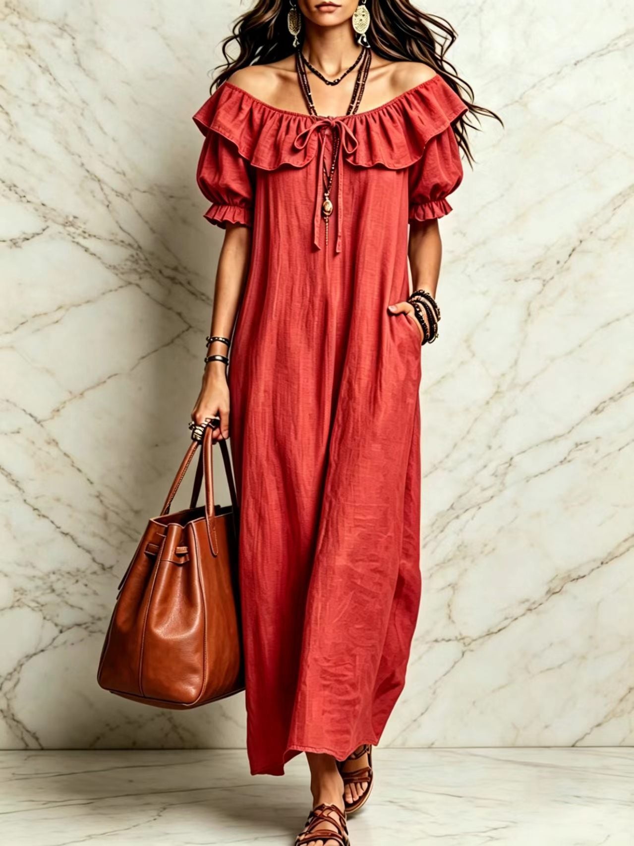 Casual Elegant Round Neck Ruffle Beach Vacation Dress for Women