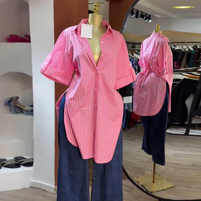 Collar single breasted striped short sleeved mid length shirt top