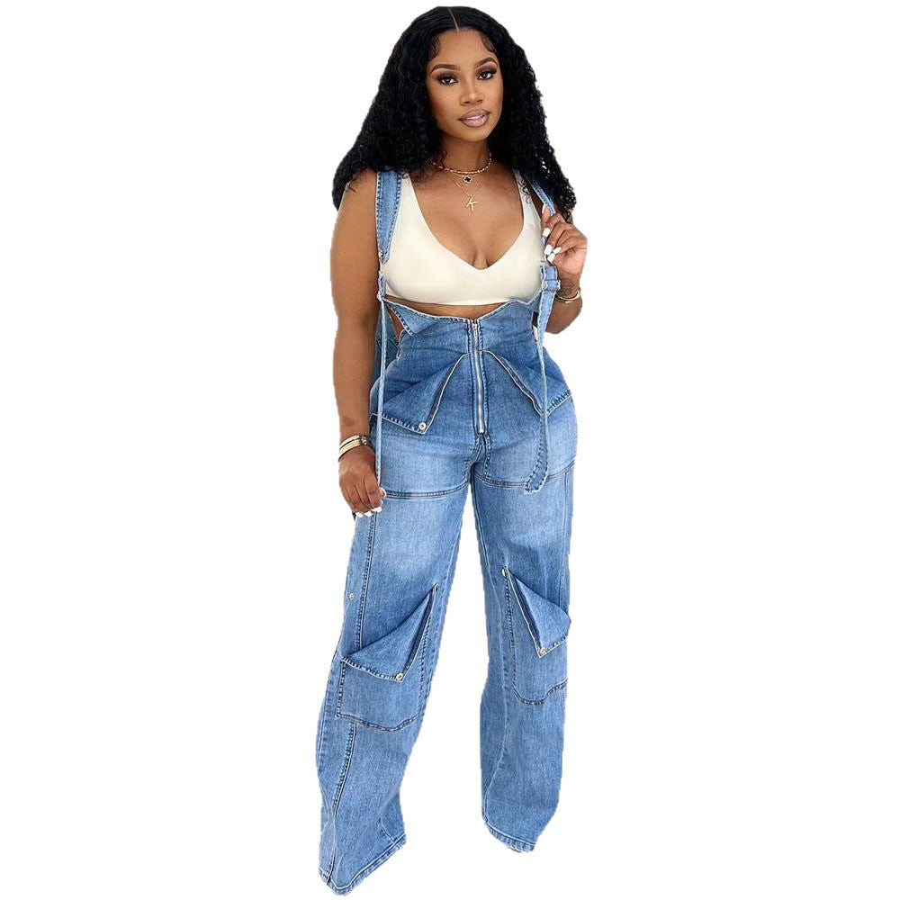Women's Western Style Denim Overalls Summer Street Casual Zipper Washed Full-Length Jumpsuit