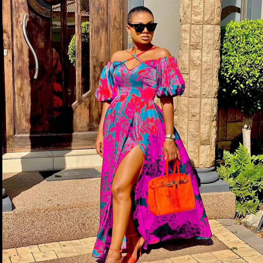Printed V-Neck Backless Split Maxi Dress for Women