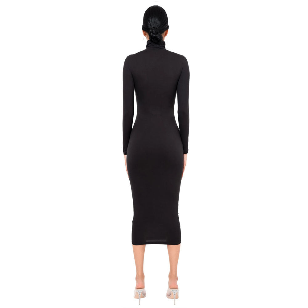 Autumn Winter New Fashion Sexy High Neck Dress Knit Thick Fitted Bodycon Dress