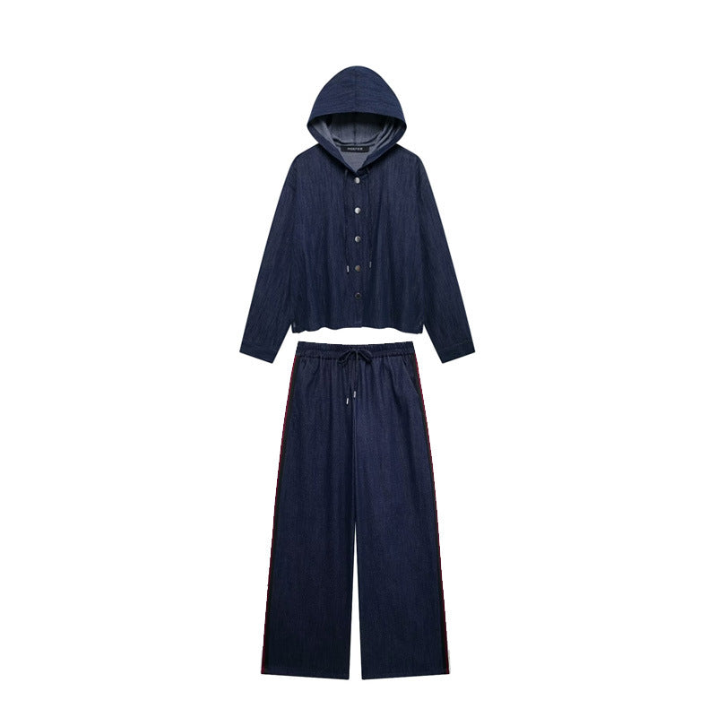 Casual Chic Women Denim Suit Solid Button Hooded Blouse Drawstring Straight Pants New Fashion Suits