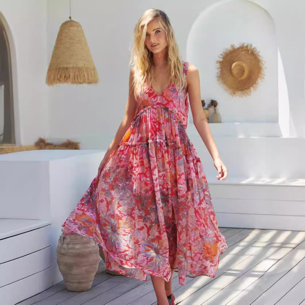 Elegant Chiffon Printed Strapless Dress INS Casual Loose Vacation Dress