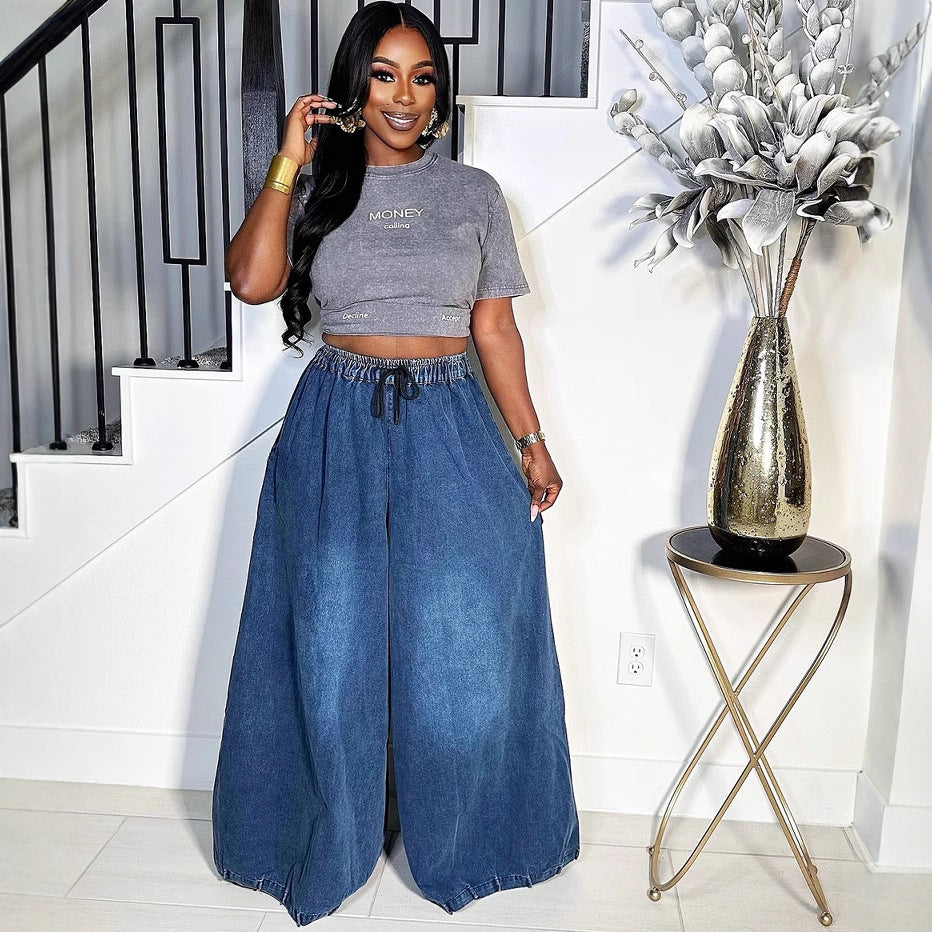 Women's Loose Denim Pants Street Casual Elastic Waist Wide Leg Jeans